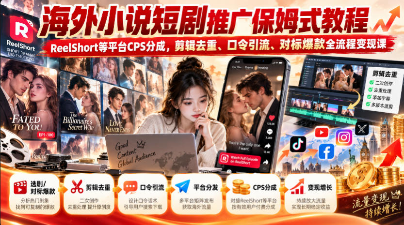 海外小说短剧推广保姆式教程｜ReelShort等平台CPS分成，剪辑去重、口令引流、对标爆款全流程变现课-来聚吧