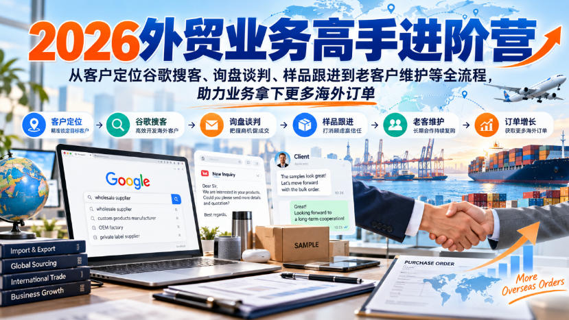 2026外贸业务高手进阶营,从客户定位谷歌搜客、询盘谈判、样品跟进到老客户维护等全流程,助力业务拿下更多海外订单-来聚吧