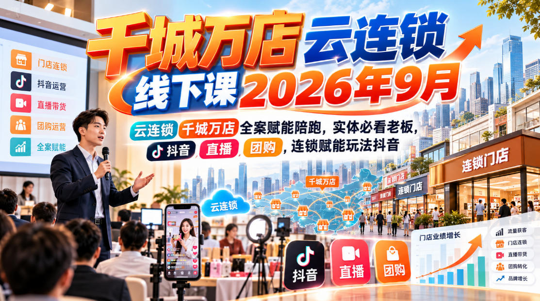 千城万店云连锁线下课2026年9月，云连锁千城万店全案赋能陪跑，实体必看老板，抖音，直播，团购，连锁赋能玩法抖音-来聚吧