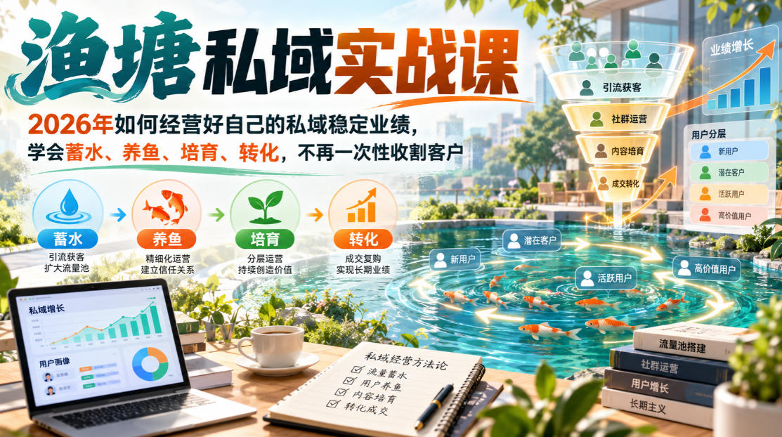 渔塘私域实战课，2026年如何经营好自己的私域稳定业绩，学会蓄水、养鱼、培育、转化，不再一次性收割客户-来聚吧