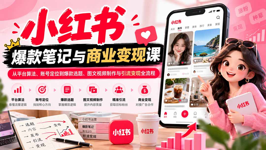 2026小红书爆款笔记与商业变现课:从平台算法、账号定位到爆款选题、图文视频制作与引流变现全流程-来聚吧