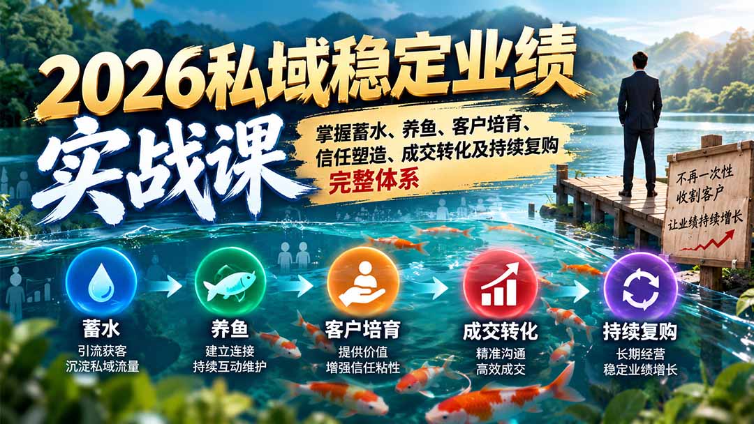 2026私域稳定业绩实战课：掌握蓄水、养鱼、客户培育、信任塑造、成交转化及持续复购完整体系-来聚吧