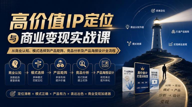 【无水印】高价值IP定位与商业变现实战课,从商业认知、模式选择到产品矩阵、竞品分析及产品海报设计全流程-来聚吧