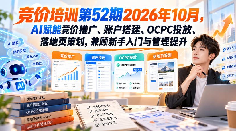 【无水印】竞价培训第52期2026年10月，AI赋能竞价推广、账户搭建、OCPC投放、落地页策划，兼顾新手入门与管理提升-来聚吧