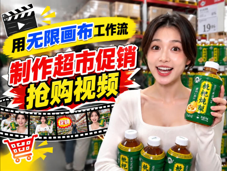 无限画布超市促销抢购视频工作流,一键产出TikTok抖音带货短视频-来聚吧