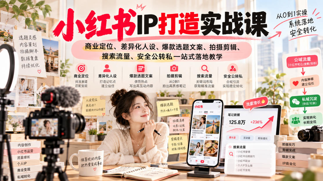 小红书ip打造实战课,商业定位、差异化人设、爆款选题文案、拍摄剪辑、搜索流量、安全公转私一站式落地教学-来聚吧