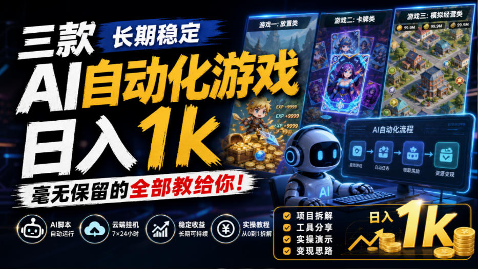 三款长期稳定AI自动化游戏,日入1k,毫无保留的全部教给你!【揭秘】-来聚吧