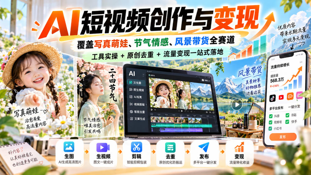 AI短视频创作与变现,覆盖写真萌娃、节气情感、风景带货全赛道,工具实操+原创去重+流量变现一站式落地-来聚吧