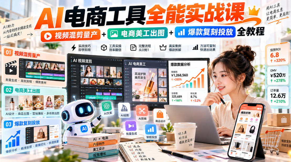 AI电商工具全能实战教学,视频混剪量产+电商美工出图+爆款复刻投放全教程-来聚吧