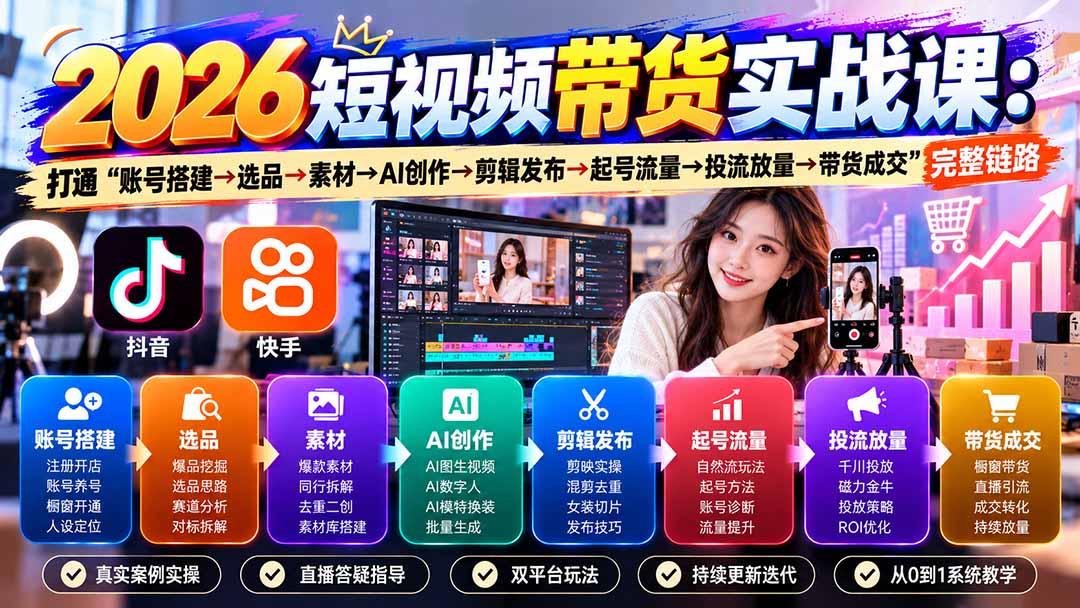 2026短视频带货实战课9月：打通“账号搭建→选品→素材→AI创作→剪辑发布→起号流量→投流放量→带货成交”完整链路-来聚吧