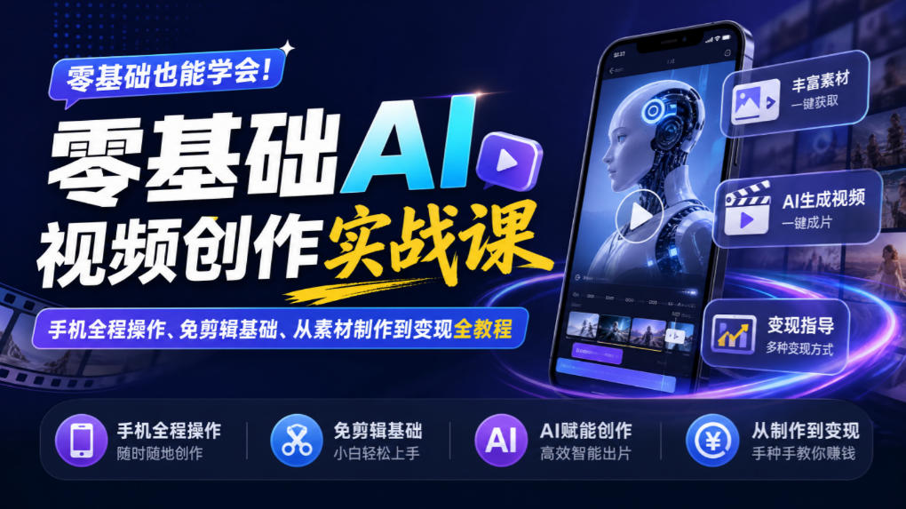 零基础AI视频创作实战课｜手机全程操作、免剪辑基础、从素材制作到变现全教程​-来聚吧