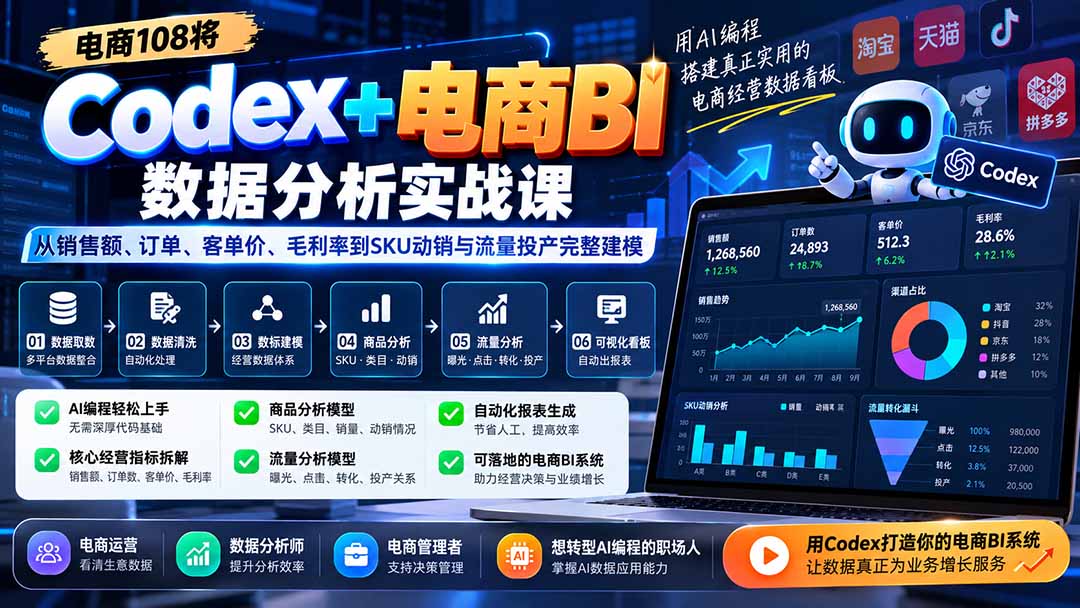 Codex+电商BI数据分析实战课-更新：从销售额、订单、客单价、毛利率到SKU动销与流量投产完整建模-来聚吧