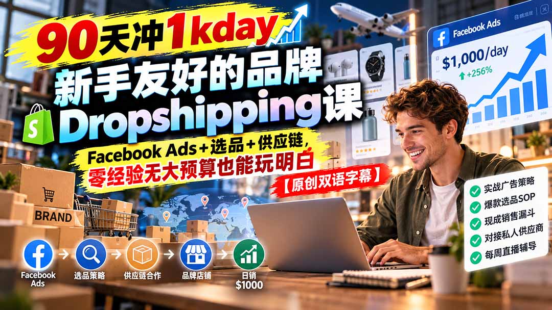 90天冲1kday 新手友好的品牌Dropshipping课:Facebook Ads+选品+供应链,零经验无大预算也能玩明白【原创双语字幕】-来聚吧
