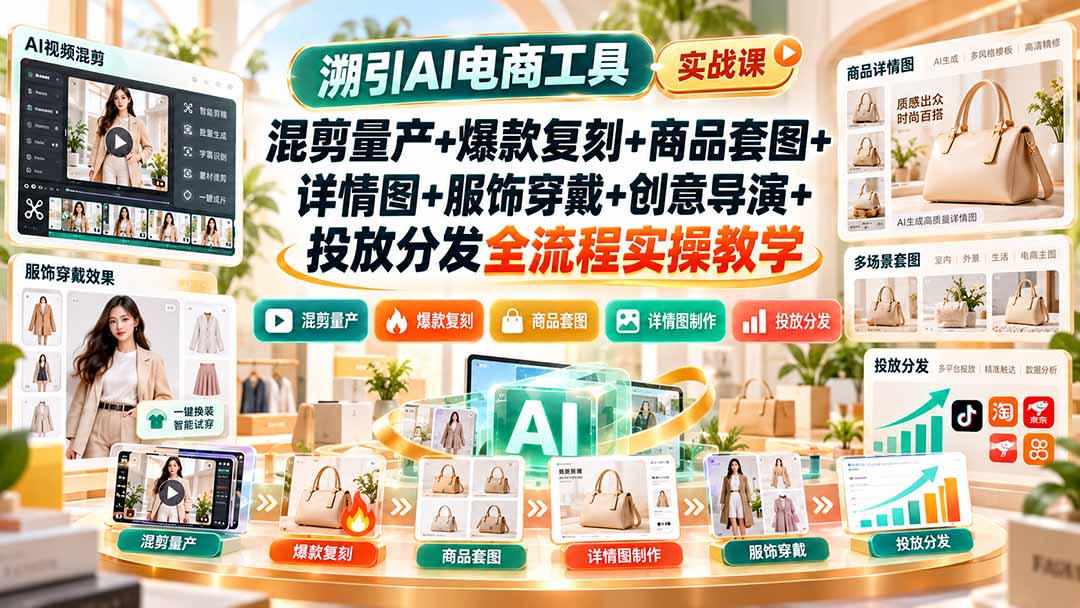 溯引AI电商工具实战课:混剪量产+爆款复刻+商品套图+详情图+服饰穿戴+创意导演+投放分发全流程实操教学-来聚吧
