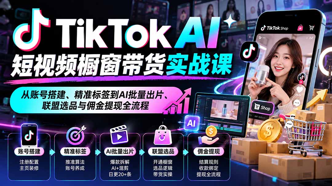 TikTok AI短视频橱窗带货实战课:从账号搭建、精准标签到AI批量出片、联盟选品与佣金提现全流程-来聚吧