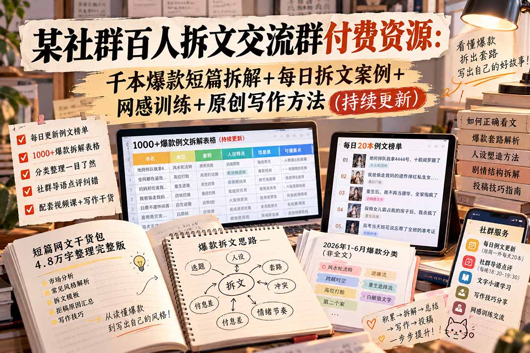 某社群百人拆文交流群付费资源-更新0929:千本爆款短篇拆解+每日拆文案例+网感训练+原创写作方法-来聚吧