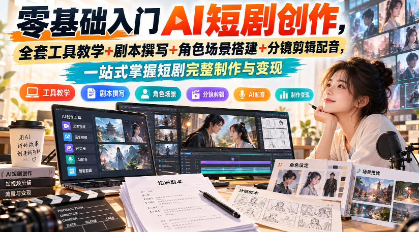 零基础入门AI短剧创作,全套工具教学+剧本撰写+角色场景搭建+分镜剪辑配音,一站式掌握短剧完整制作与变现-来聚吧