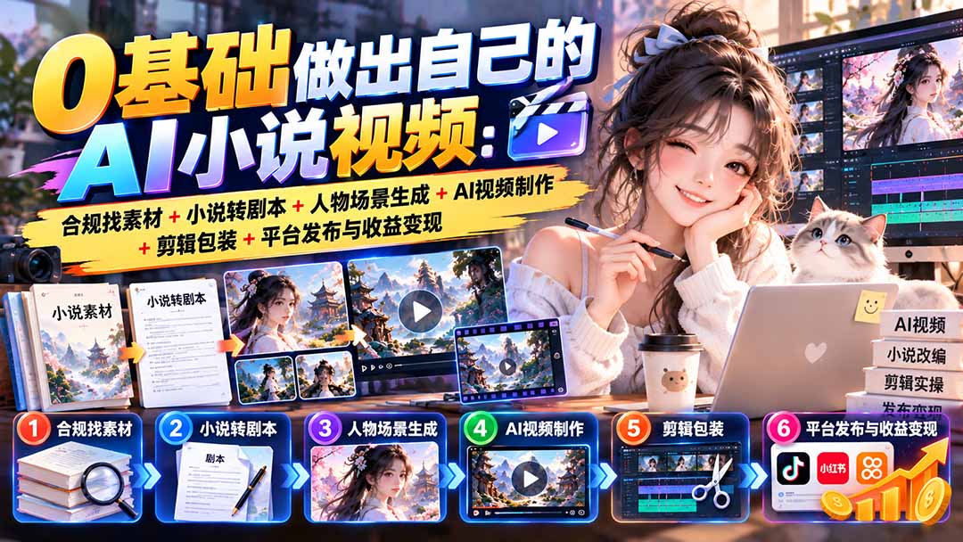 0基础做出自己的AI小说视频:合规找素材+小说转剧本+人物场景生成+AI视频制作+剪辑包装+平台发布与收益变现-来聚吧