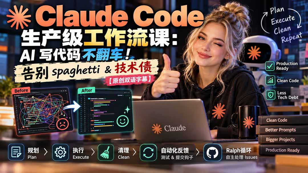 Claude Code 生产级工作流课:AI 写代码不翻车!告别 spaghetti & 技术债【原创双语字幕】-来聚吧