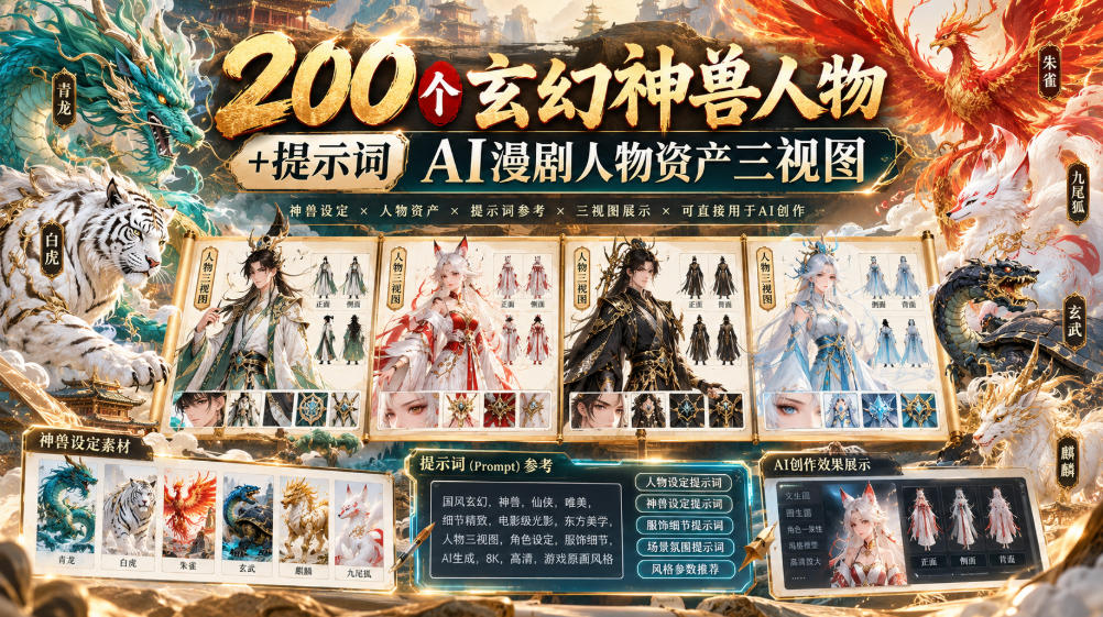 200个玄幻神兽人物+提示词ai漫剧人物资产三视图-来聚吧