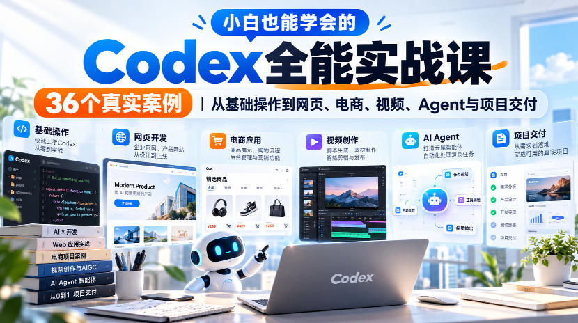 小白也能学会的Codex全能实战课|36个真实案例,从基础操作到网页、电商、视频、Agent与项目交付-来聚吧