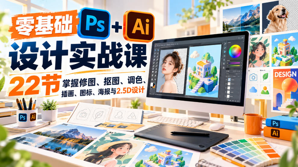 【无水印】零基础PS+AI设计实战课|22节掌握修图、抠图、调色、插画、图标、海报与2.5D设计-来聚吧