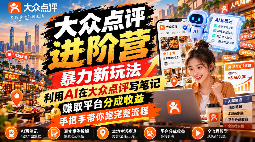 大众点评进阶营,暴力新玩法,利用AI在大众点评写笔记, 賺取平台分成收益,手把手带你跑完整流程-来聚吧