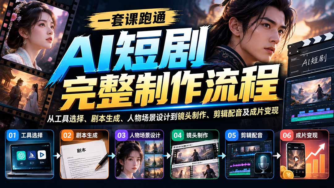 一套课跑通AI短剧完整制作流程:从工具选择、剧本生成、人物场景设计到镜头制作、剪辑配音及成片变现-来聚吧