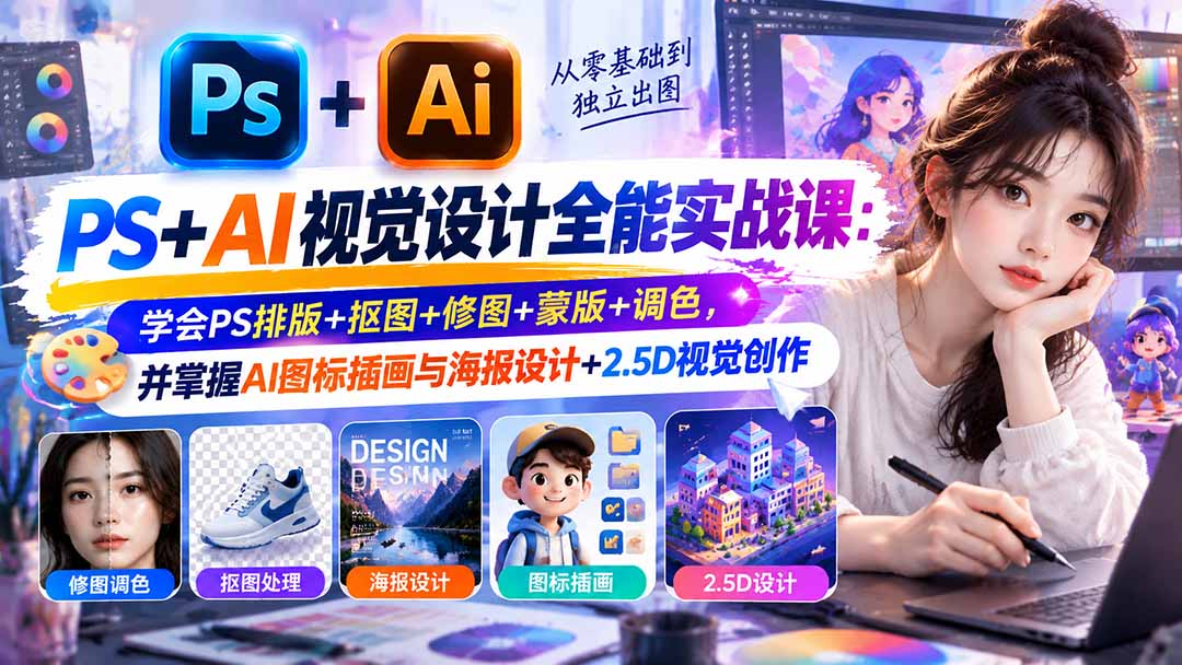【无水印】PS+AI视觉设计全能实战课：学会PS排版+抠图+修图+蒙版+调色，并掌握AI图标插画与海报设计+2.5D视觉创作-来聚吧