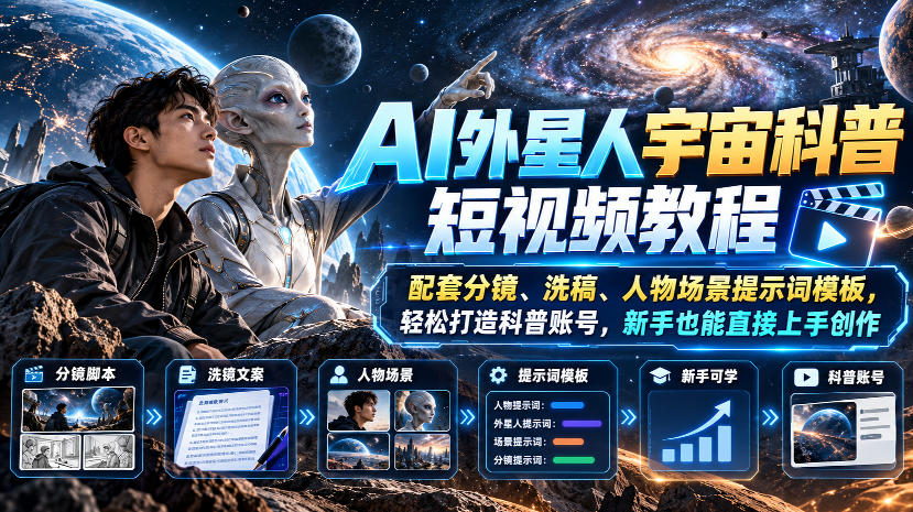 AI外星人宇宙科普短视频教程,配套分镜、洗稿、人物场景提示词模板,轻松打造科普账号,新手也能直接上手创作-来聚吧