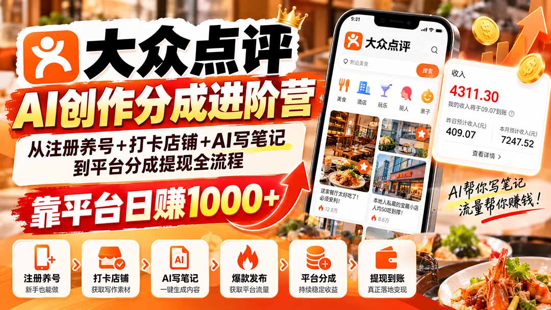大众点评AI创作分成进阶营:从注册养号+打卡店铺+AI写笔记到平台分成提现全流程,靠平台日赚1000+-来聚吧