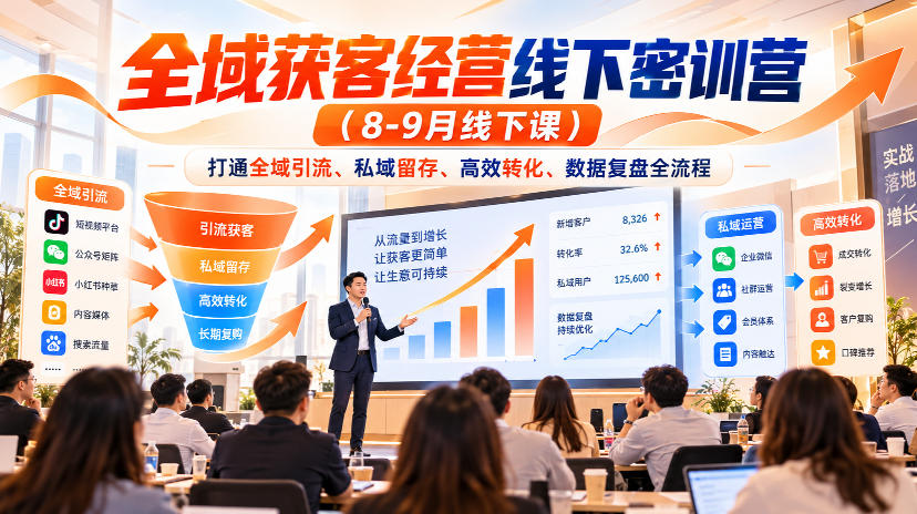 全域获客经营线下密训营(8-9月线下课)，打通全域引流、私域留存、高效转化、数据复盘全流程-来聚吧