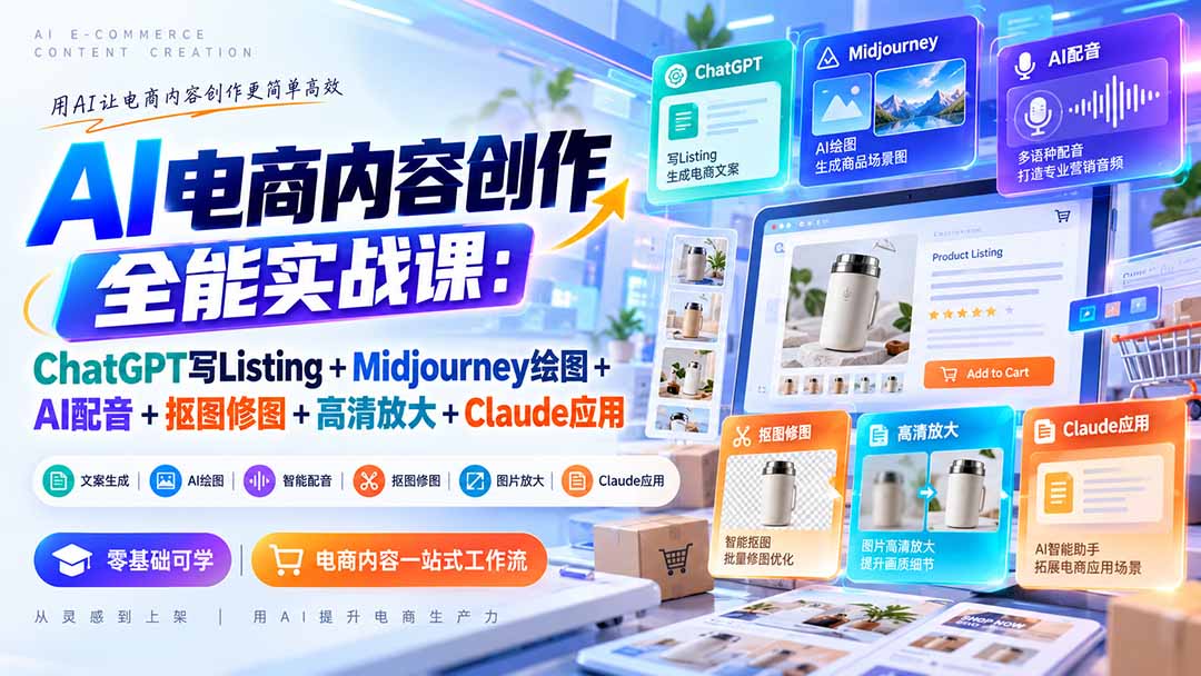【无水印】AI电商内容创作全能实战课:ChatGPT写Listing+Midjourney绘图+AI配音+抠图修图+高清放大+Claude应用-来聚吧