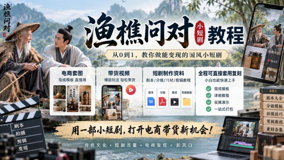 渔樵问对小短剧教程,包含电商套图、带货视频,短剧制作资料,全程可直接套用复刻-来聚吧