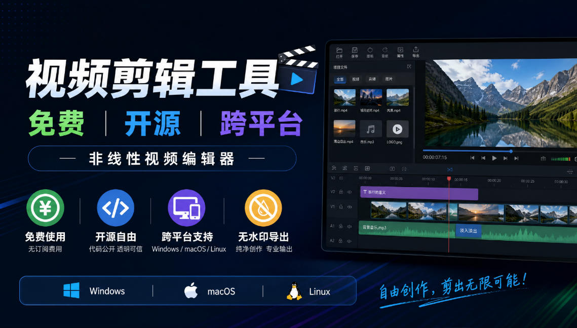 视频剪辑工具，免费、开源、跨平台，非线性视频编辑器，支持Windows、macOS、Linux，无水印、无订阅费用-来聚吧