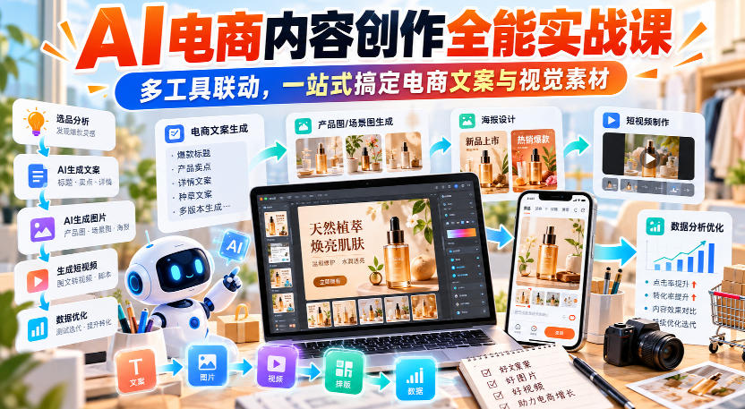 【无水印】AI电商内容创作全能实战课｜多工具联动，一站式搞定电商文案与视觉素材-来聚吧