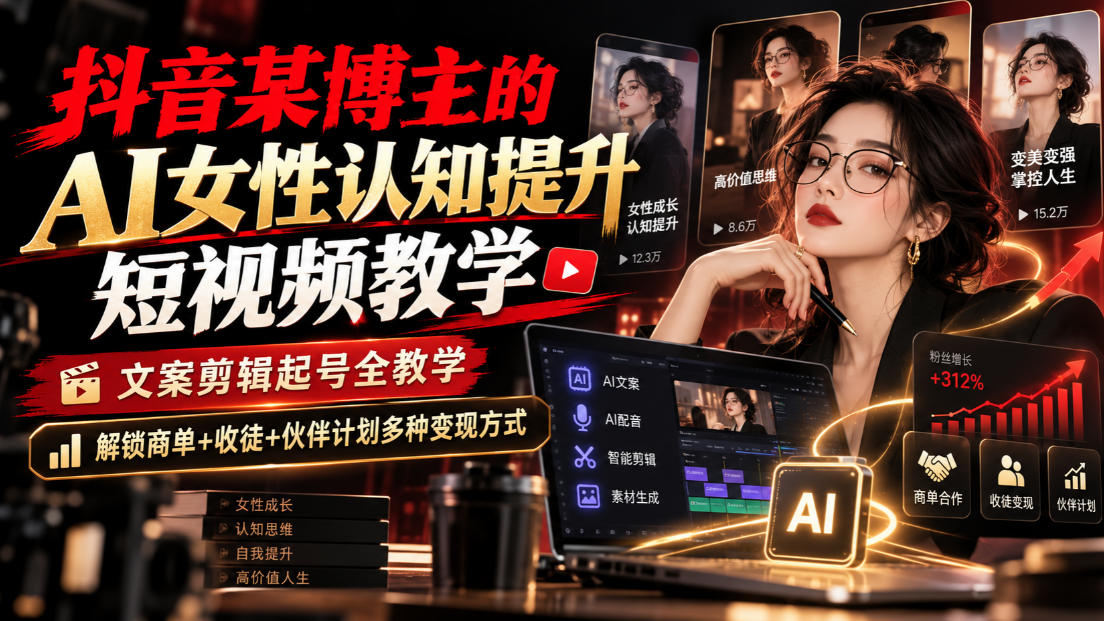 抖音某博主的Ai女性认知提升短视频教学,文案剪辑起号全教学,解锁商单+收徒+伙伴计划多种变现方式-来聚吧