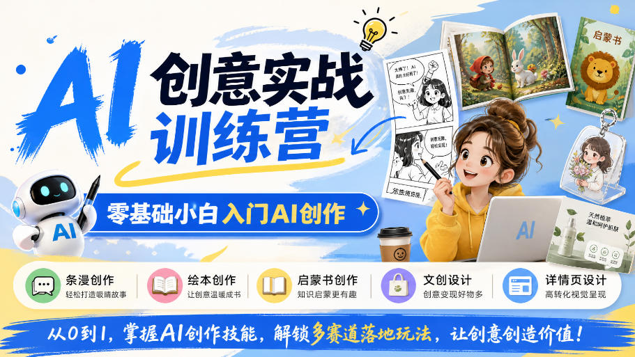 AI创意实战训练营,零基础小白入门AI创作,解锁条漫、绘本、启蒙书、文创、详情页多赛道落地玩法-来聚吧