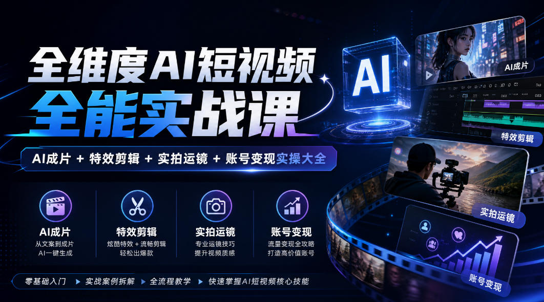 全维度AI短视频全能实战课，AI成片+特效剪辑+实拍运镜+账号变现实操大全-来聚吧