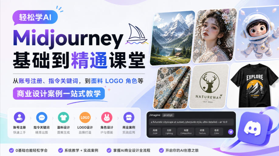 轻松学AI Midjourney基础到精通课堂,从账号注册、指令关键词,到面料LOGO角色等商业设计案例一站式教学-来聚吧
