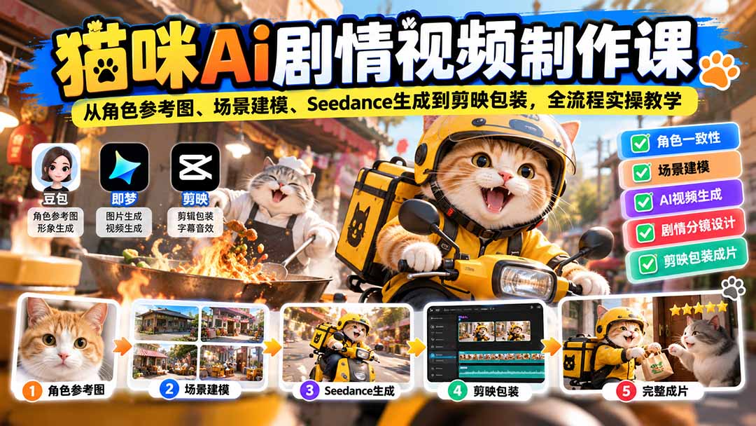 猫咪AI剧情视频制作课：从角色参考图、场景建模、Seedance生成到剪映包装，全流程实操教学-来聚吧