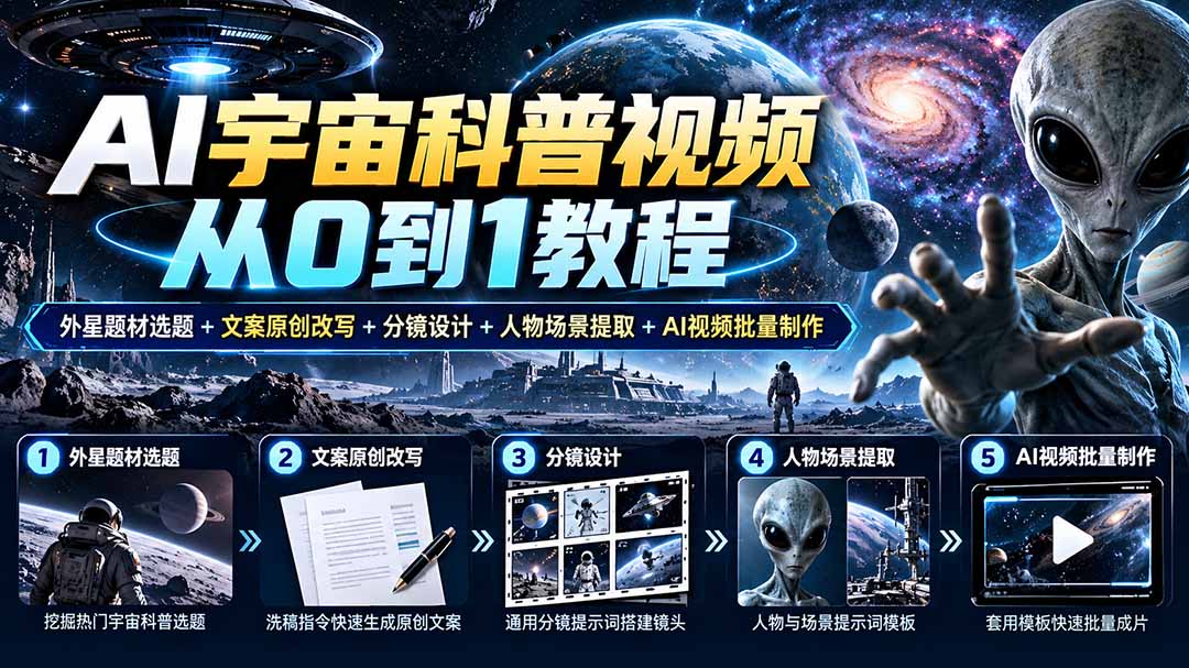 AI宇宙科普视频从0到1教程|外星题材选题+文案原创改写+分镜设计+人物场景提取+AI视频批量制作-来聚吧