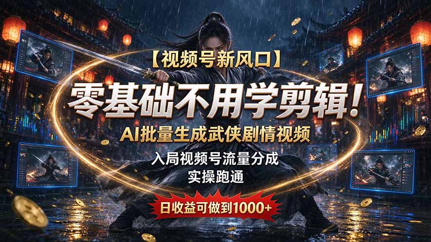【视频号新风口】零基础不用学剪辑!AI 批量生成武侠剧情视频,入局视频号流量分成,实操跑通,日收益可做到 1000+-来聚吧