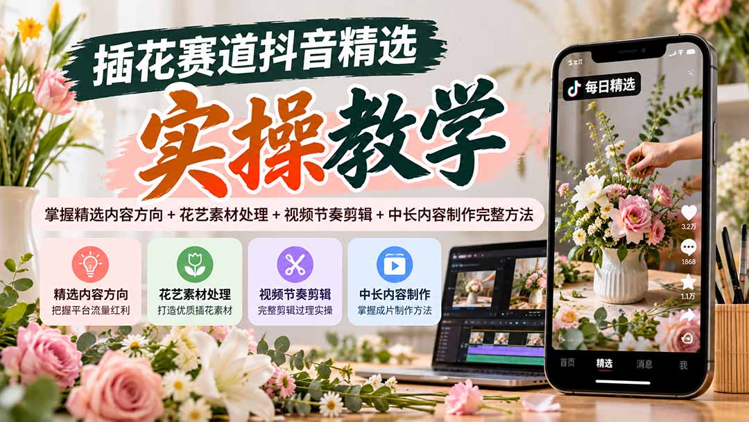 插花赛道抖音精选实操教学:掌握精选内容方向+花艺素材处理+视频节奏剪辑+中长内容制作完整方法-来聚吧