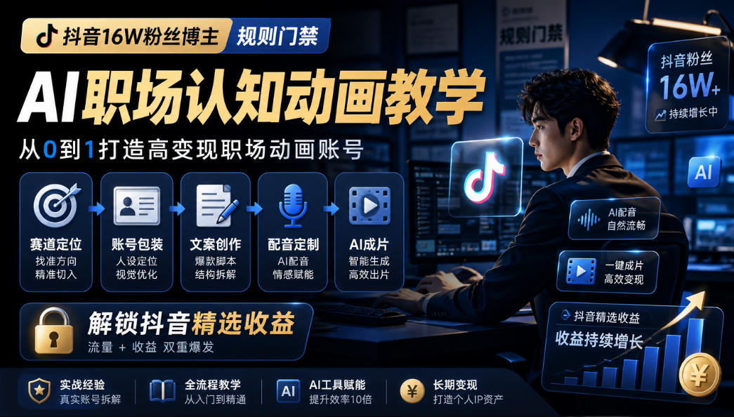 抖音16W粉丝博主规则门禁的AI职场认知动画教学，从赛道定位、账号包装，到文案创作、配音定制、AI成片，解锁抖音精选收益-来聚吧