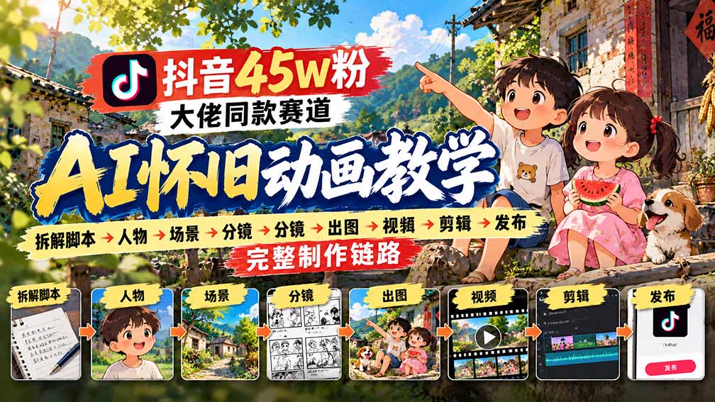 抖音45W粉大佬同款赛道AI怀旧动画教学:拆解脚本→人物→场景→分镜→出图→视频→剪辑→发布完整制作链路-来聚吧