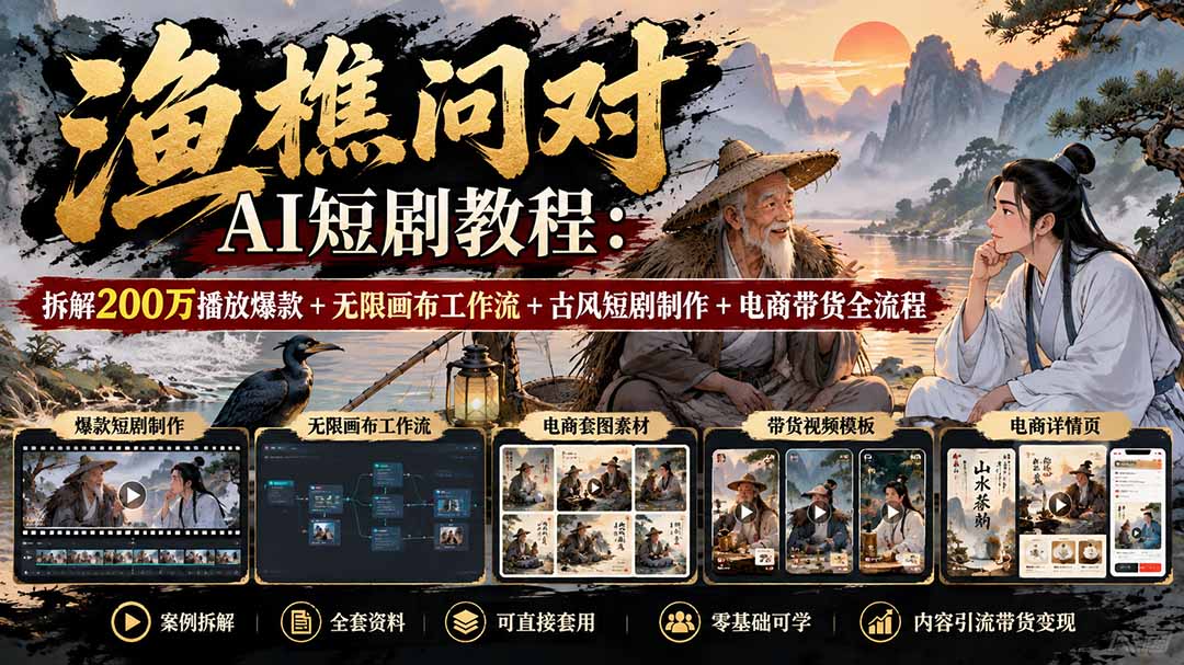 【无水印】渔樵问对AI短剧教程:拆解200万播放爆款+无限画布工作流+古风短剧制作+电商带货全流程-来聚吧