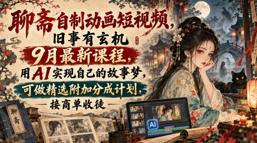 聊斋自制动画短视频，旧事有玄机9月最新课程，用AI实现自己的故事梦，可做精选附加分成计划，接商单收徒-来聚吧