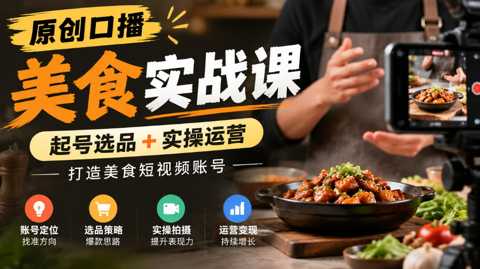 原创口播美食实战课,起号选品+实操运营,打造美食短视频账号-来聚吧