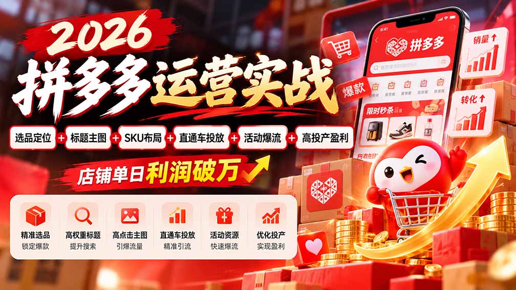 2026拼多多运营实战-更新1002:选品定位+标题主图+SKU布局+直通车投放+活动爆流+高投产盈利 店铺单日利润破万-来聚吧